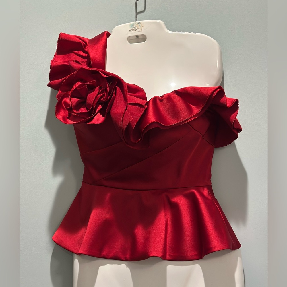 Muse Satin 3D Carnation Ruched Sweetheart neck one shoulder peplum Top NWT size0